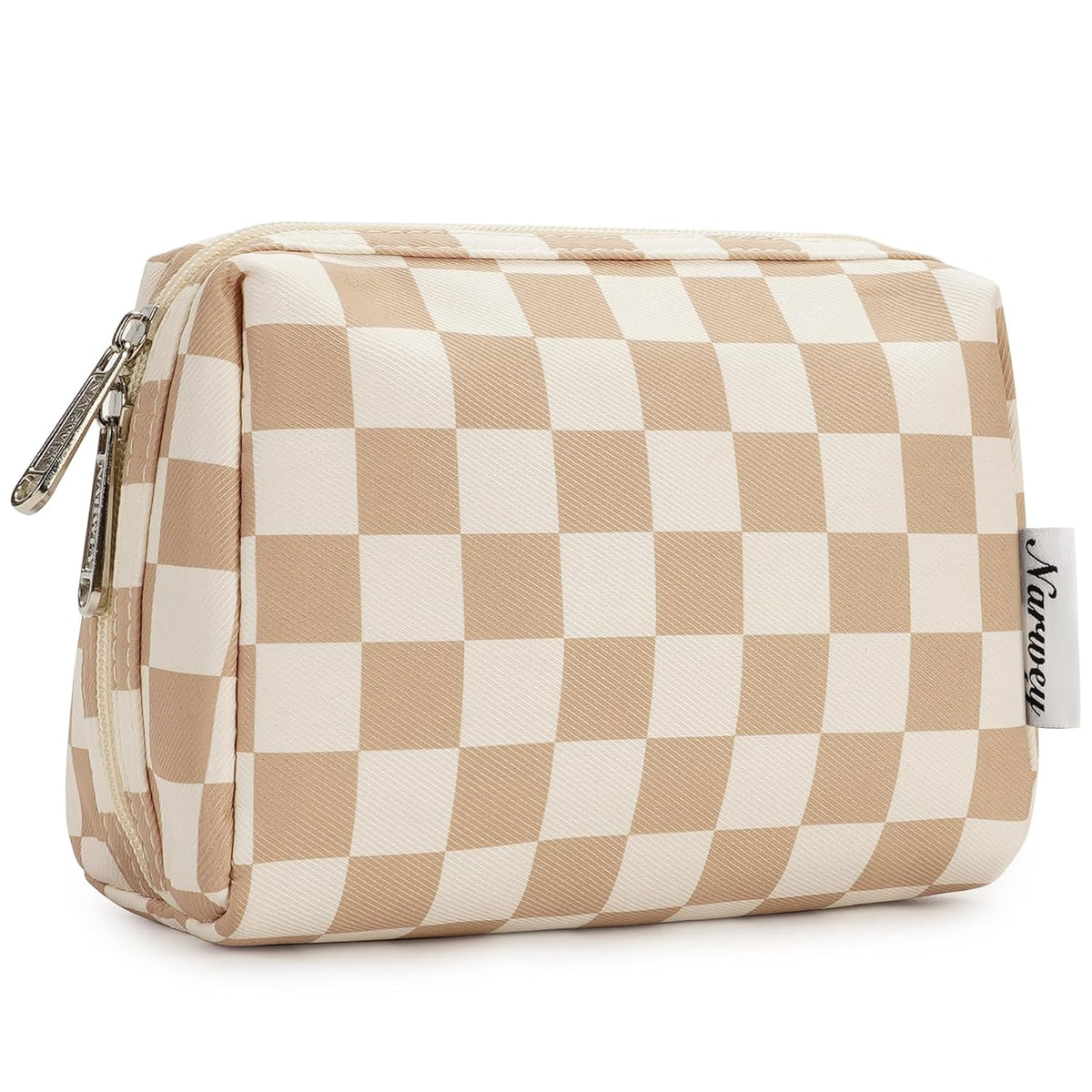 BRAND NEW ~ Narwey Tan Checkered Makeup Cosmetic Bag Compartments & Zipper