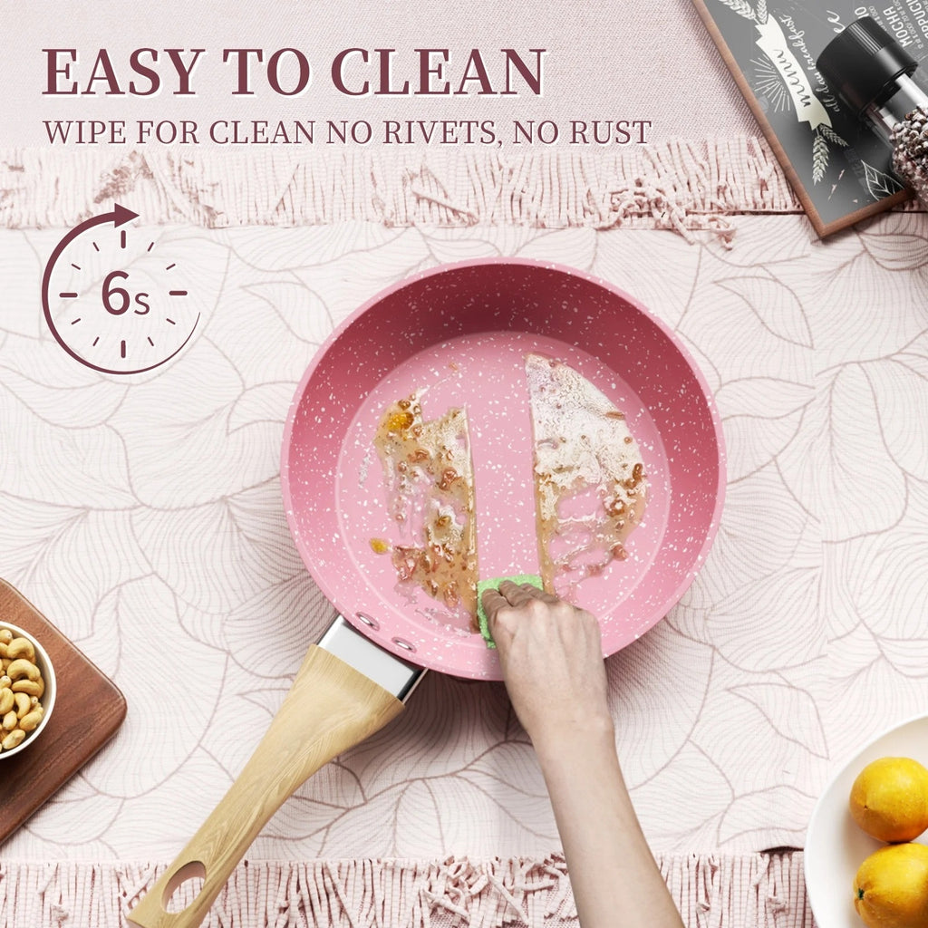 BRAND NEW ~ 8" Pink Nonstick Granite Frying Pan Wood Grained Bakelite Handle
