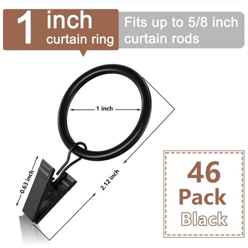 BRAND NEW ~ Set/46 Black Metal Curtain Rings & Clips Drapes Rod 1" Interior Diam