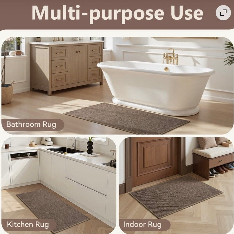 BRAND NEW ~ Brown Non-Slip Rubber Backed Welcome Low Profile Inside Door Mat Rug