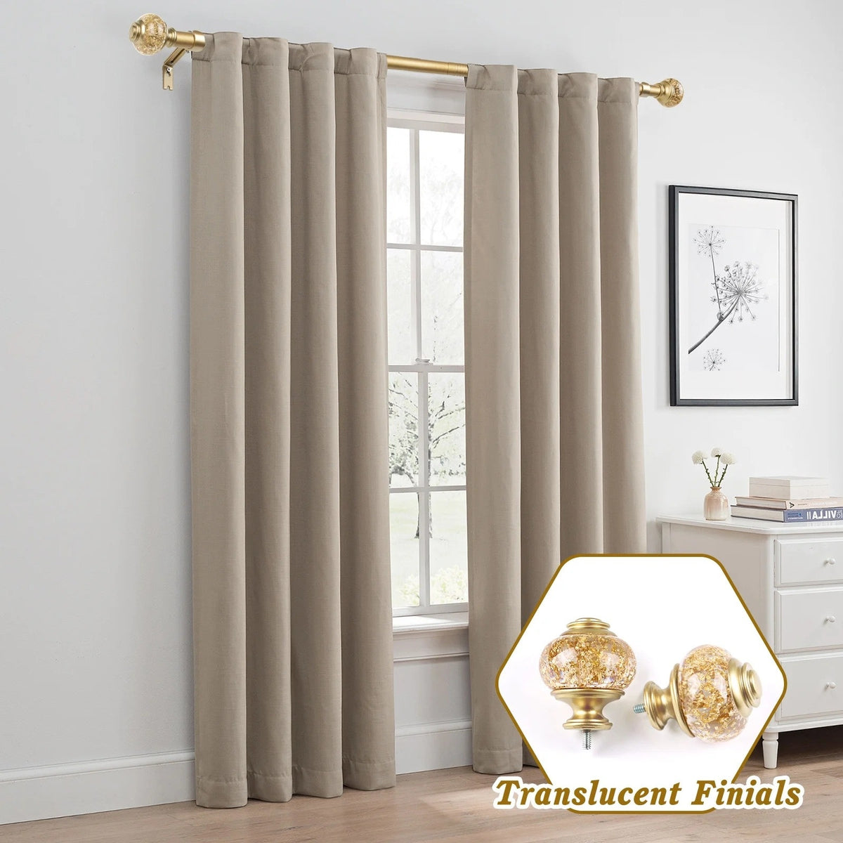 BRAND NEW ~ Gold 7/8" Adjustable Single Curtain Rod Translucent Finial 84"-120"