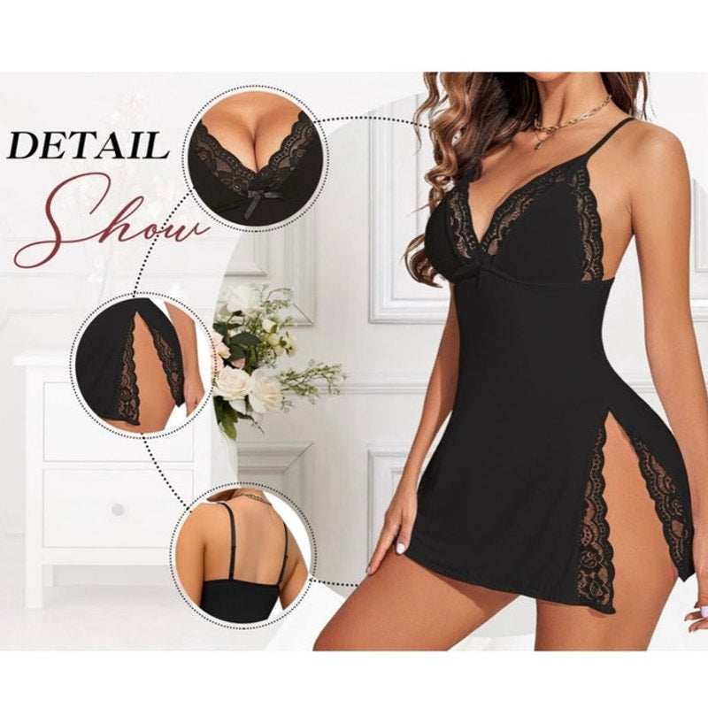 NWT ~ Black Lace V-Neck Spaghetti Strap Babydoll Nighty & Thong ~ Plus Size XXL