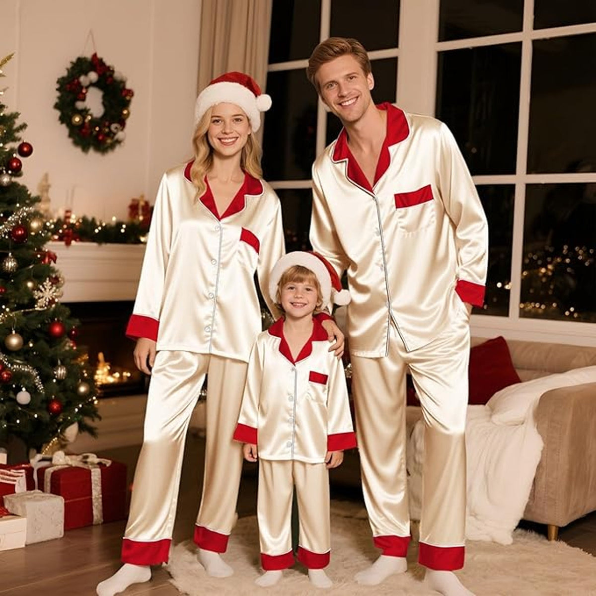NWT ~ Women's Cream & Red Satin Pajamas Special Occasion Holiday PJ's ~ LARGE