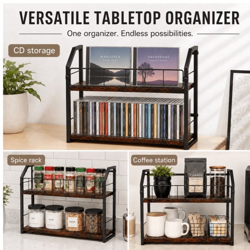 BRAND NEW ~ 2-Tier Wood & Metal CD Storage Shelf Desktop Media Display Rack