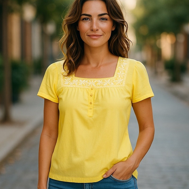 NWT ~ Yellow Embroidered Boho Square Neckline Bohemian Blouse ~ Women's LARGE