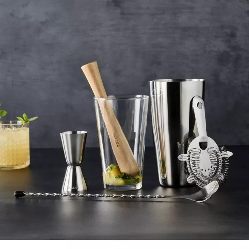 BRAND NEW ~ Houdini 5-Piece Bar Set in Stainless Steel with Wood and Glass