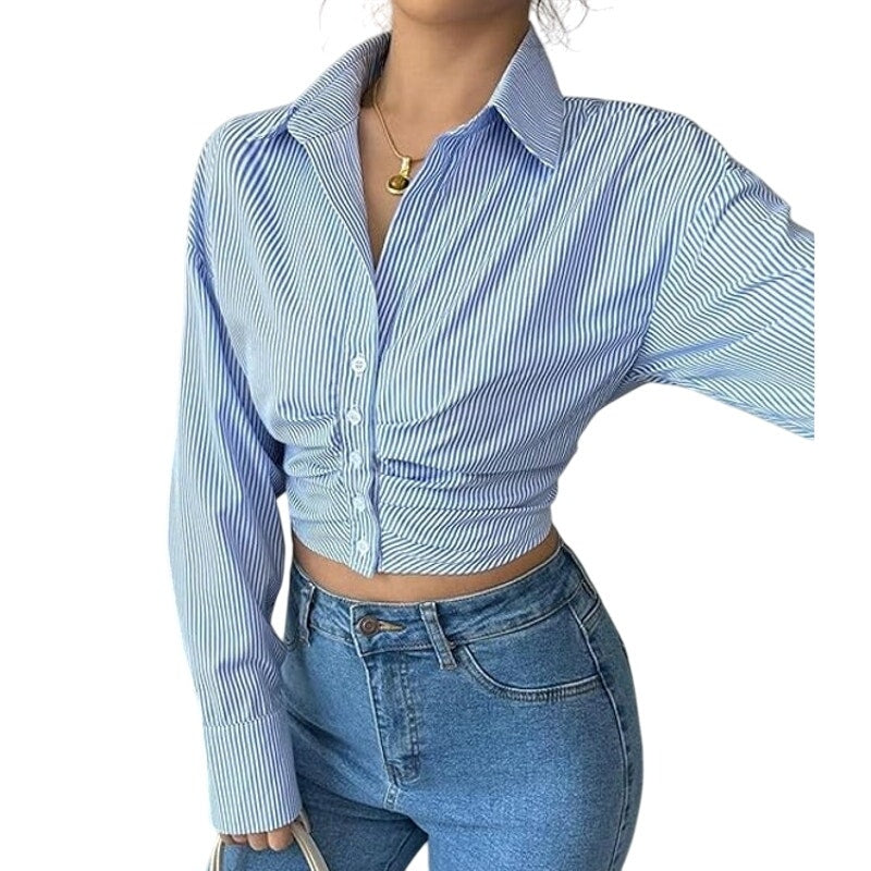 NWT ~ Sexy Blue & White Pinstripe Crop Long Sleeve Ruched Front Blouse ~ LARGE