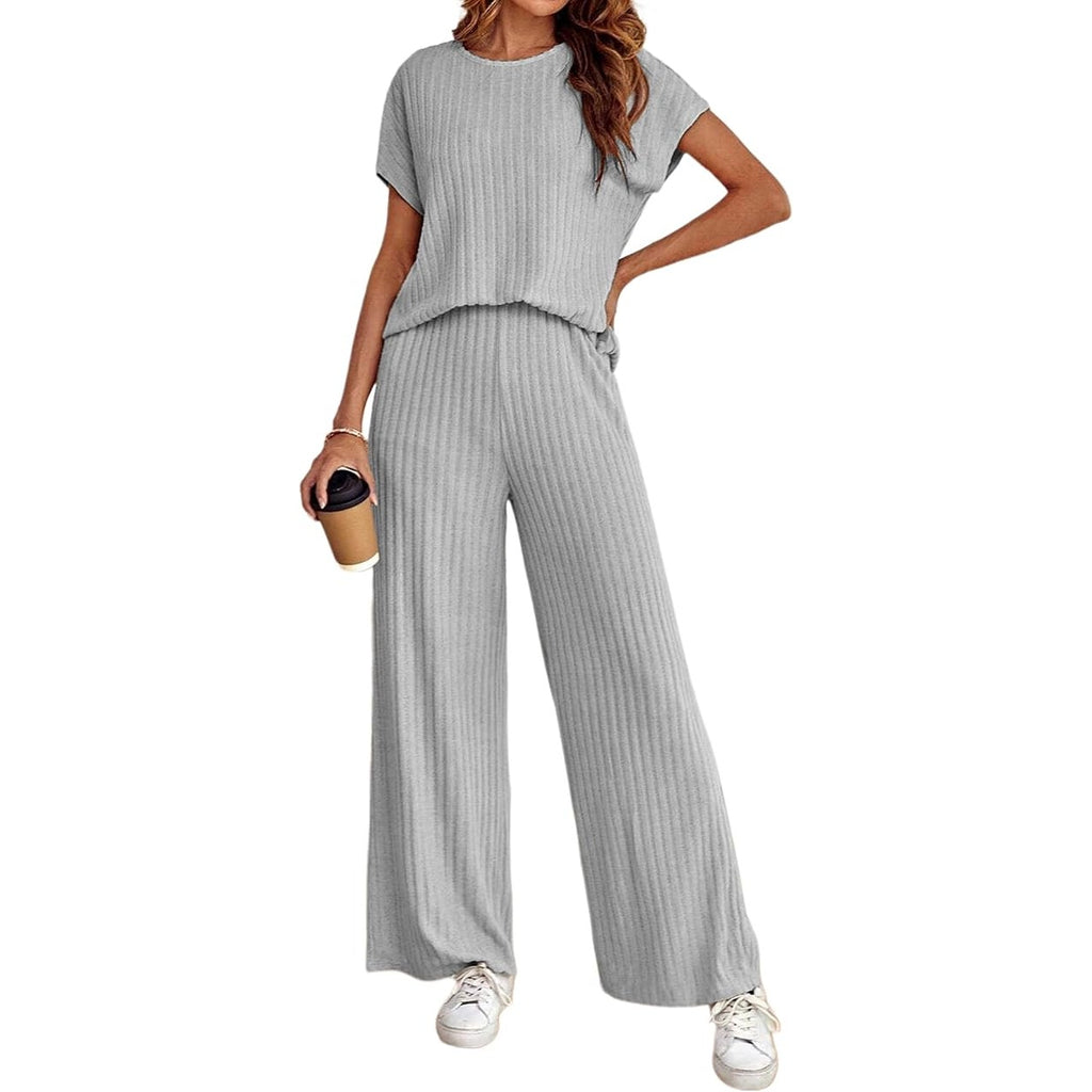 NWT ~ Gray 2pc Ribbed Knit Crewneck Sleeveless Pantsuit Outfit Set ~ Women's MED