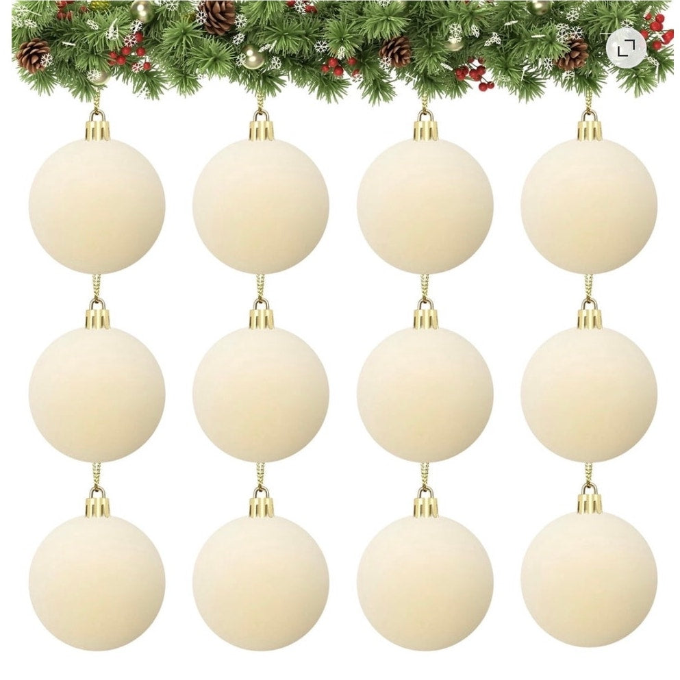 BRAND NEW ~ Set/12 Cream Velvet 2.36" Christmas Tree Ball Ornaments Decorations