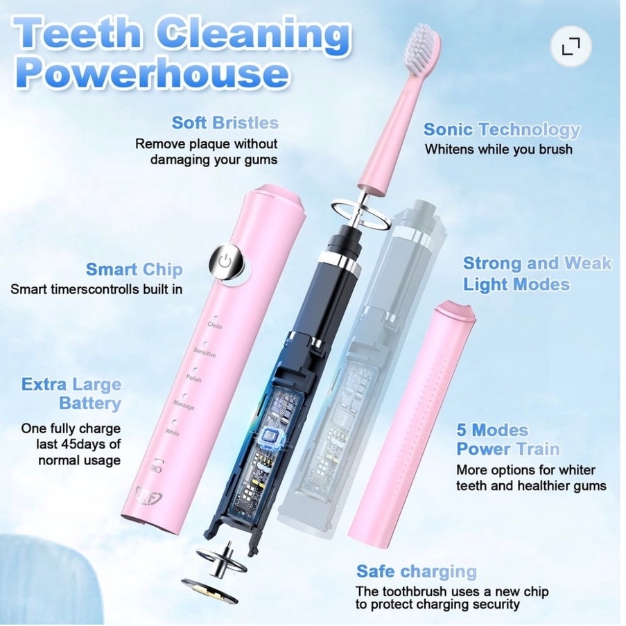 BRAND NEW ~ Pink Sonic Electric Toothbrush 8 Brush Heads Tongue Scraper & Bag