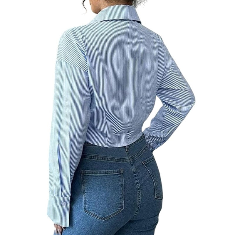 NWT ~ Sexy Blue & White Pinstripe Crop Long Sleeve Ruched Front Blouse ~ LARGE