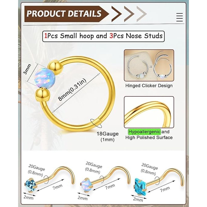 BRAND NEW ~ 4pcs Opal Nose Ring Piercing Jewelry Set with 1 hoop & 3 CZ studs