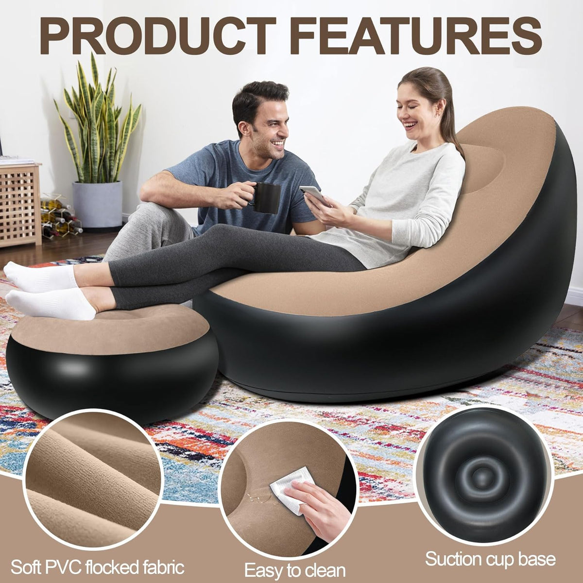 NWT ~ Inflatable Waterproof Blow Up Brown Portable Chair & Ottoman