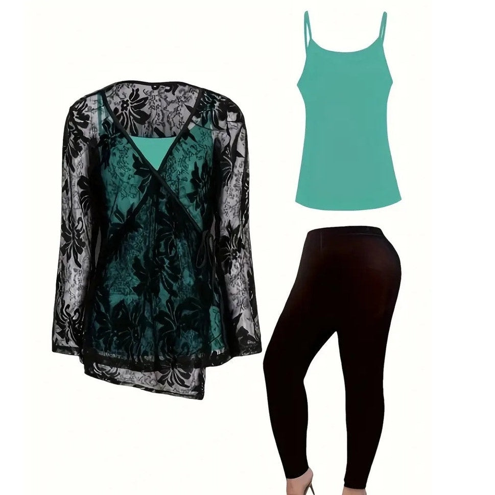 NWT ~ Women's 3 Piece Set ~ Teal Cami Black Lace Cardigan & Pants ~ Plus Size 3X