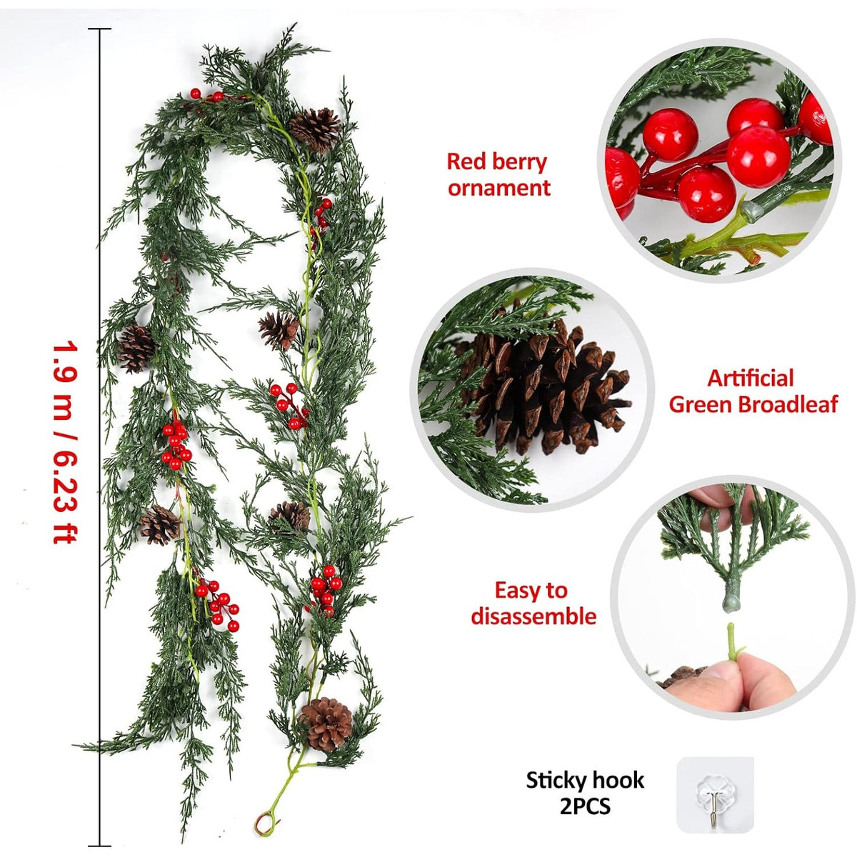 BRAND NEW ~ Christmas Pine Garland Realistic Winter Greenery & Berries & Cones