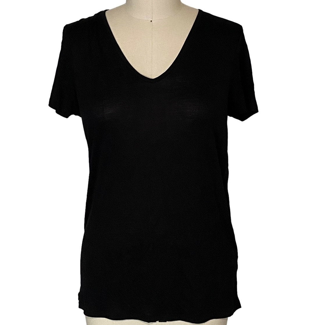 NWT ~ ZARA Lyocell Collection Black V-Neck Short Sleeve Top ~ Women's Size SMALL