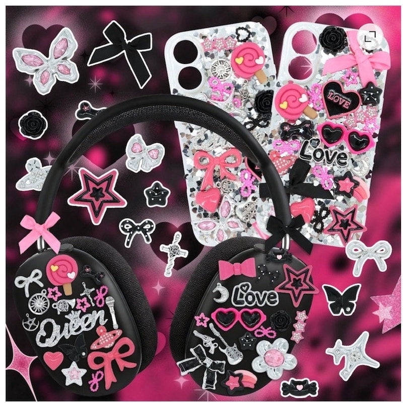BRAND NEW ~ Pink Black Silver Nails & Phone Case Charms DIY Personalization Kit
