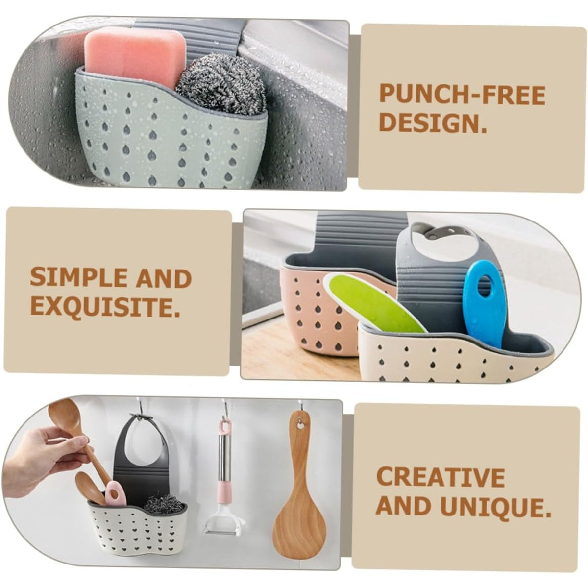 NWT ~ Set/ 3 Double Layer Kitchen Sink Hanging Sponge Holders ~ Sage Pink Beige