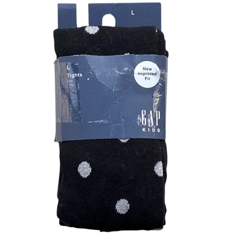 NWT ~ GAP Kids Girls Black & Silver Dots Tights ~ Size LARGE