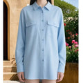 NWT ~ Long Light Blue Front Pockets Side Slits Long Sleeve Blouse Women's LARGE