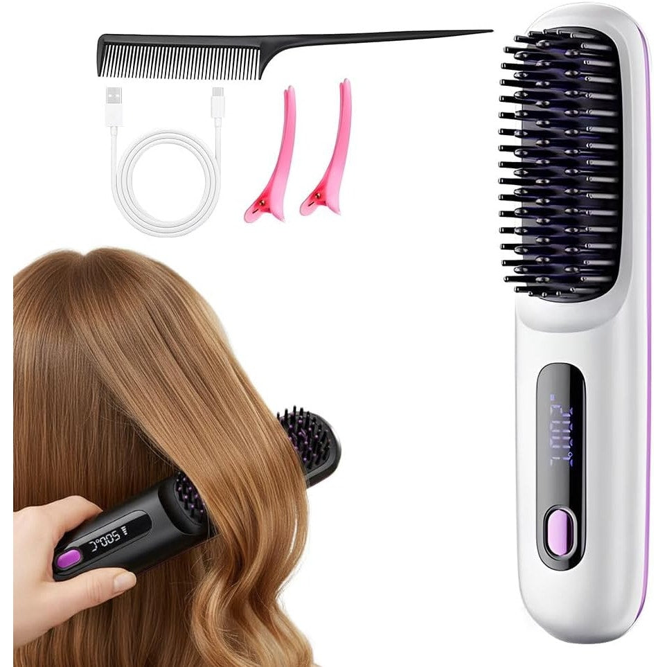 BRAND NEW ~ Cordless LCD Temperature Display White Straightening Hair Brush Comb