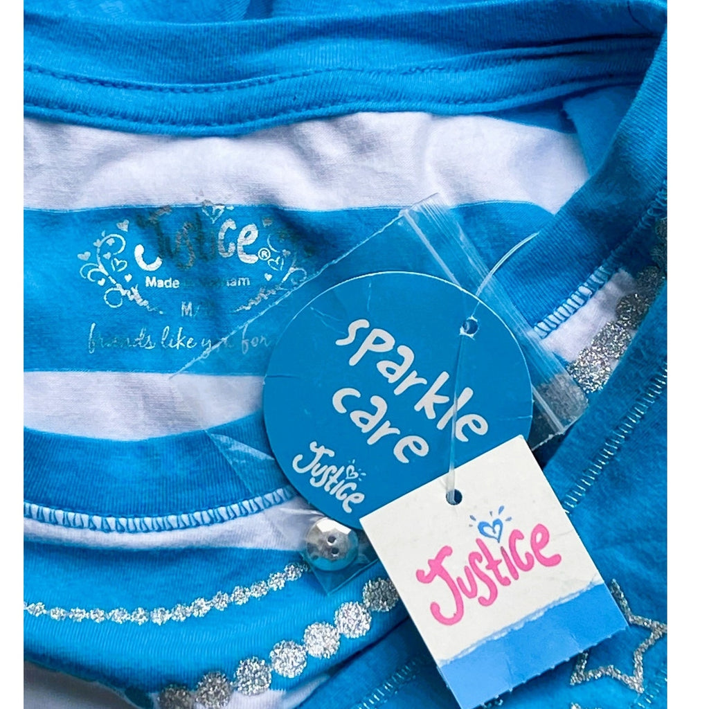 NWT ~ JUSTICE Bright Blue & White Stripe Ruffle Vest Sparkle Dress ~ Girls M 12