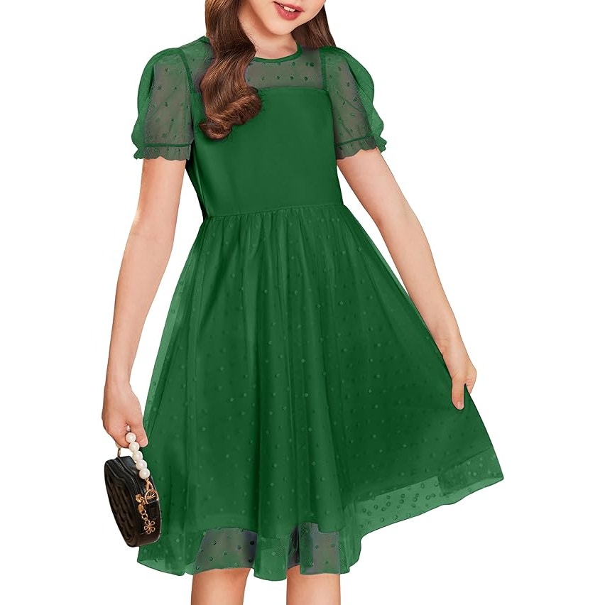 NWT ~ Girls Green Contrast Mesh Puffy Short Sleeve A Line Dress ~ Size 10 - 10/12