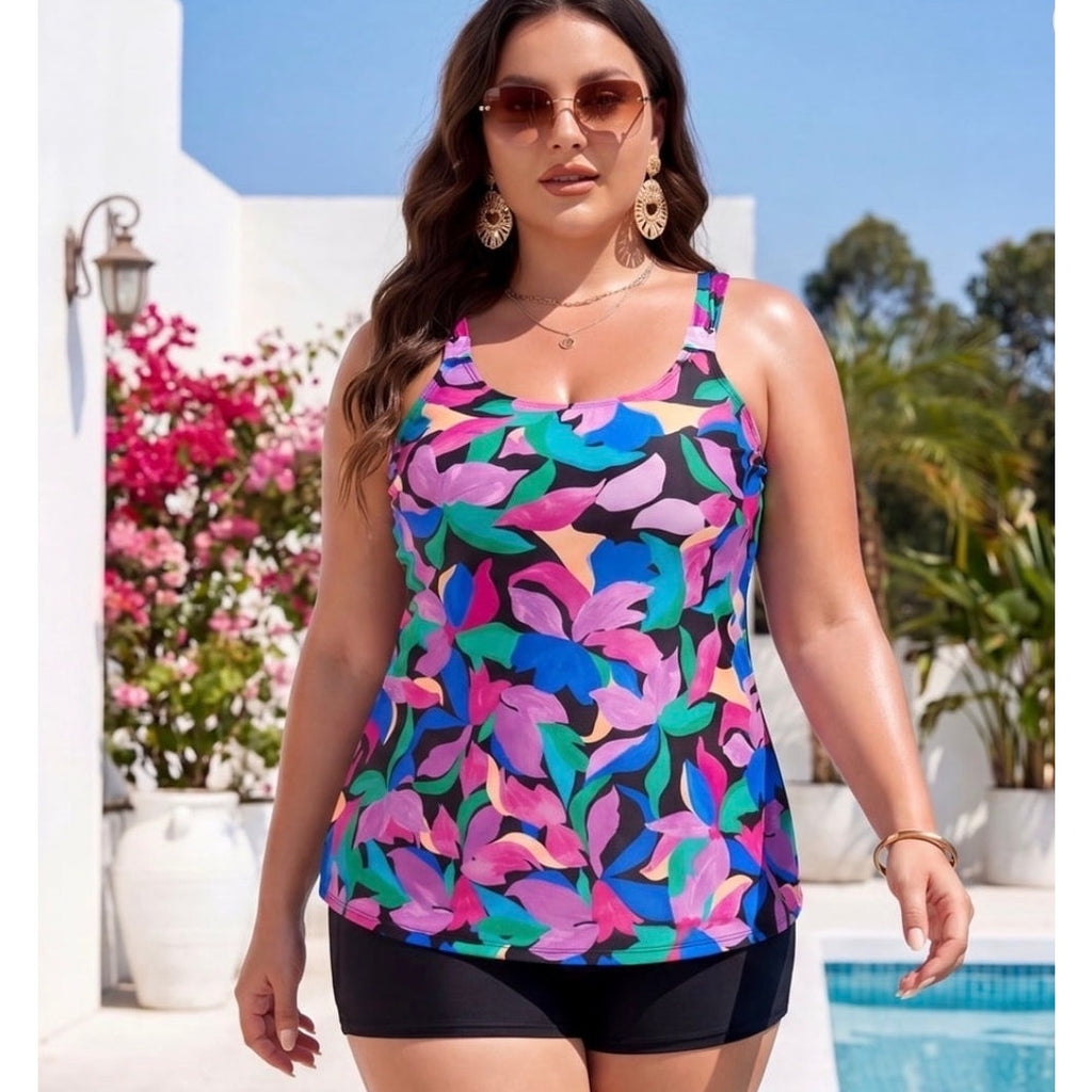 NWT ~ Women's 2pc Colorful Scoop Neck Tankini Swimsuit Boyshorts Bathing Suit XL