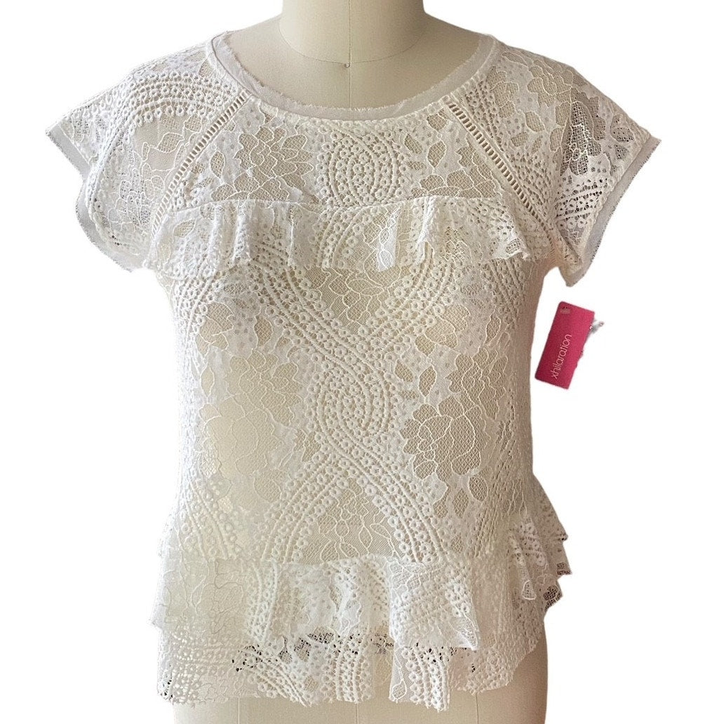 NWT ~ Ivory Lace Boho Raw Edge Crochet Concrete Garden Collection Top ~ LARGE