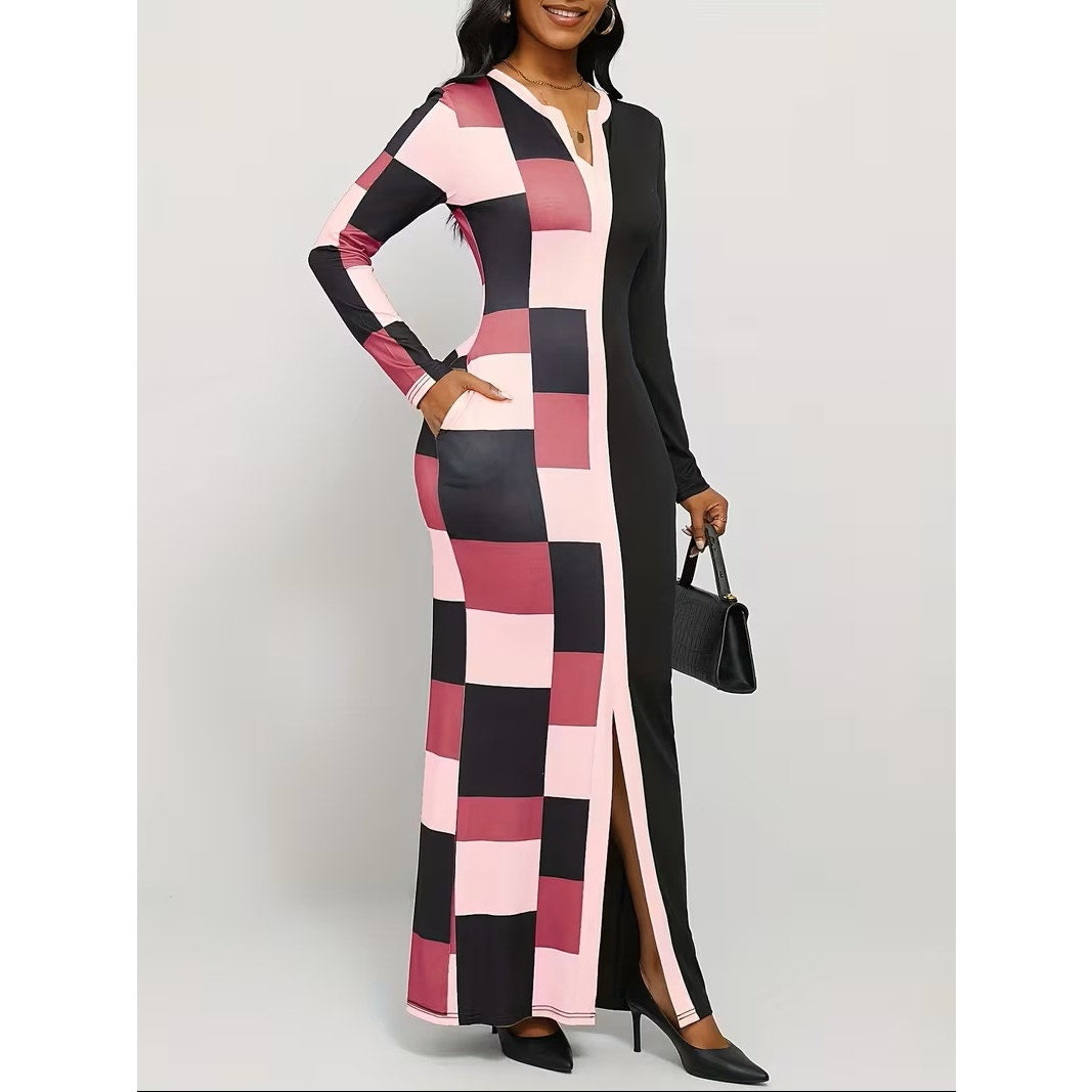 NWT ~ Long Black & Pink Sexy Colorblock Bodycon Pockets Maxi Dress Women's XL