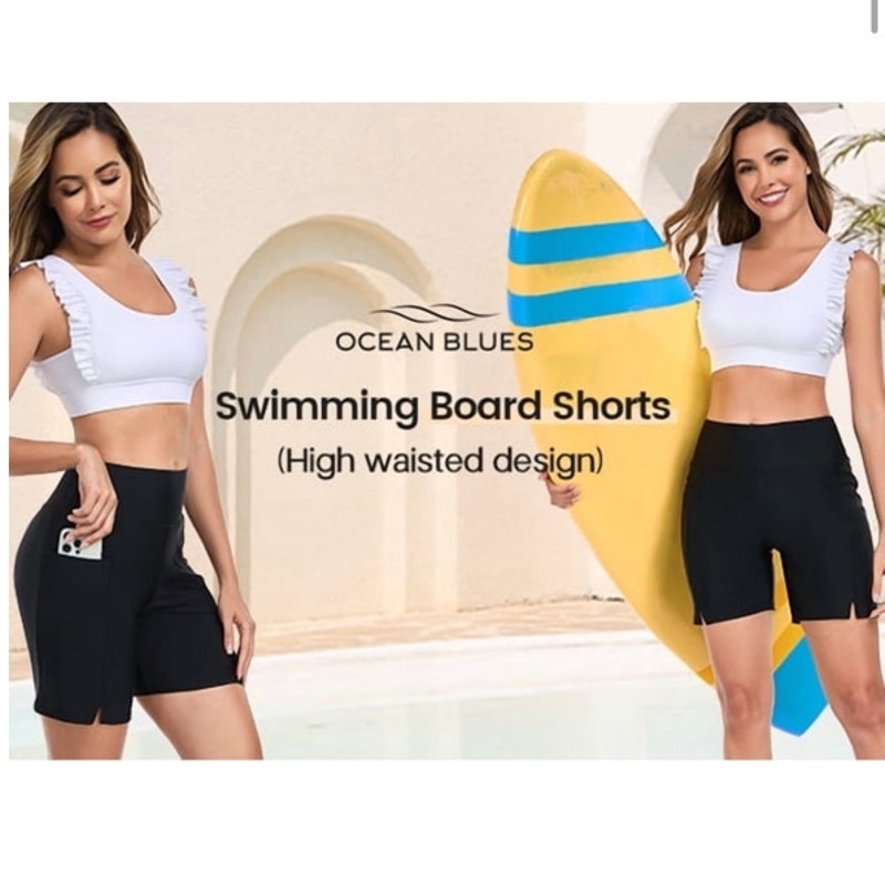 NWT ~ Women's Black High Waisted Swimsuit Bottoms Swim Shorts with Pockets LARGE