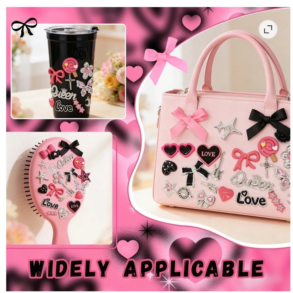 BRAND NEW ~ Pink Black Silver Nails & Phone Case Charms DIY Personalization Kit