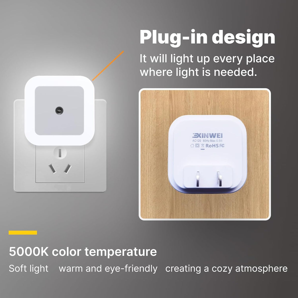 BRAND NEW ~ Set/7 Smart Auto-Dimming Square 0.5W White Light LED Plug In Night Lights