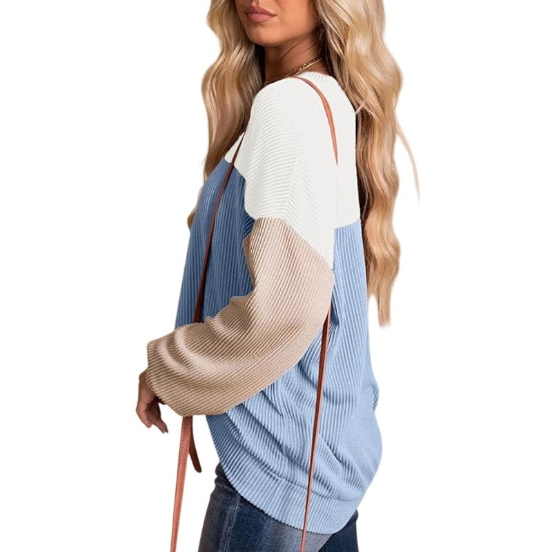 NWT ~ Blue & White Color Block Long Sleeve Pullover Crewneck Top ~ Women's XL