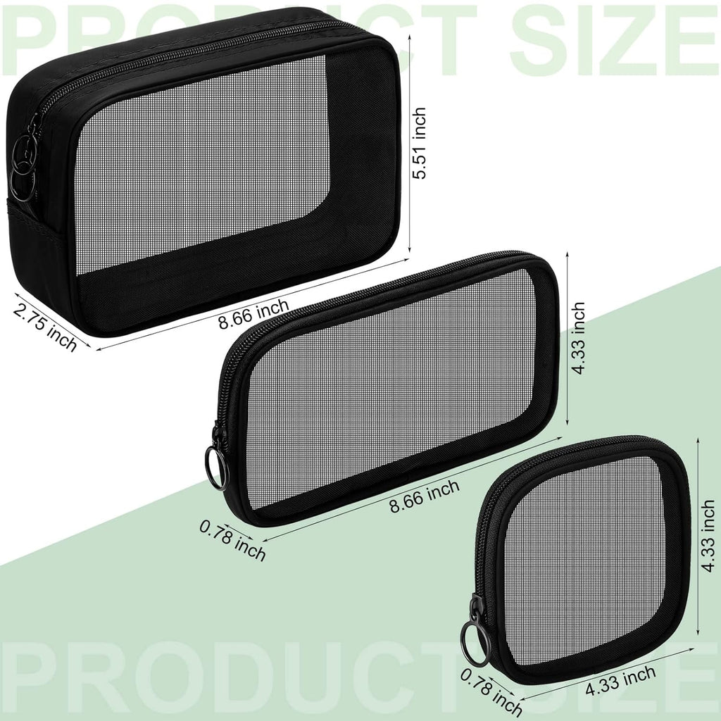 BRAND NEW ~ Set/4 Black Mesh Makeup Toiletries Zipper Travel Bags Luggage Pouch