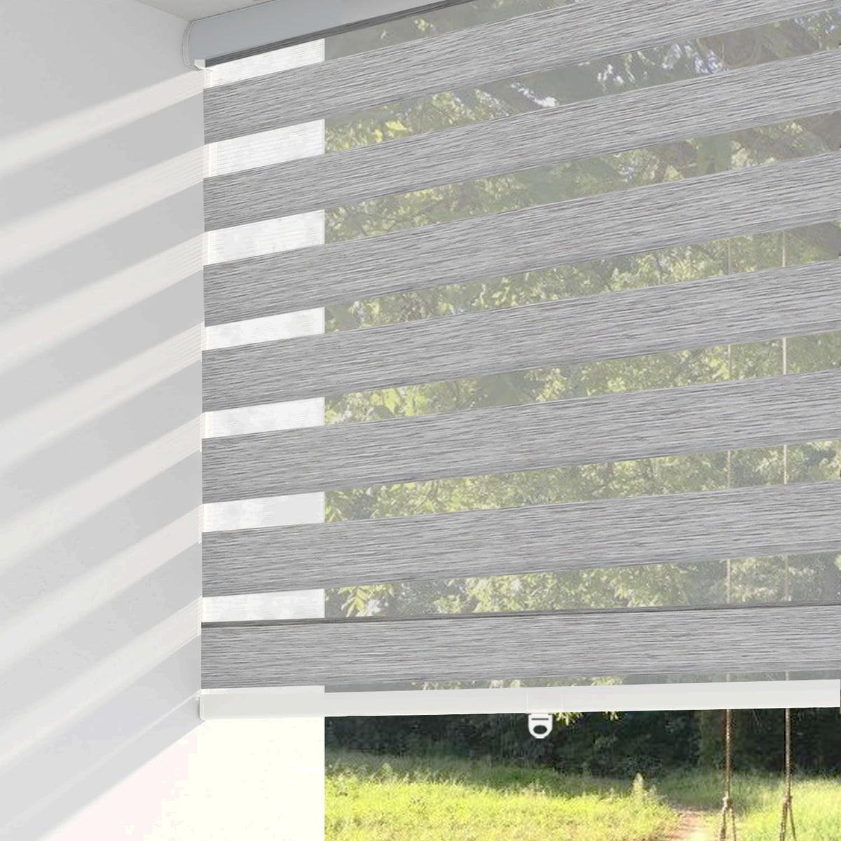 NWT ~ Gray Cordless Light Filtering Easy Installation Zebra Blinds - 33" x 72"