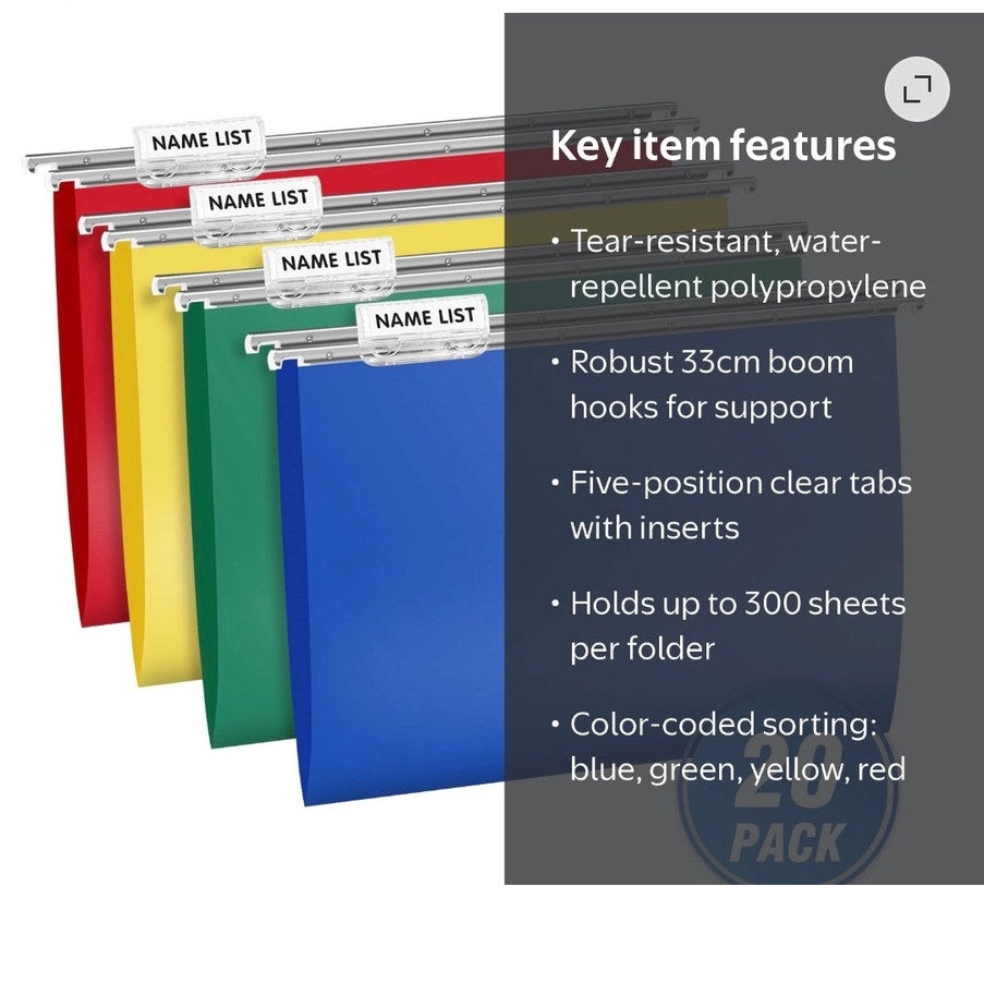 BRAND NEW ~ 20 Multicolor Heavy Duty Plastic Hanging File Folders & Metal Hook