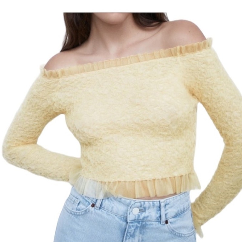NWT ~ ZARA Beige Lace Tulle Off Shoulders Tight Crop Knit Top ~ Women's SMALL