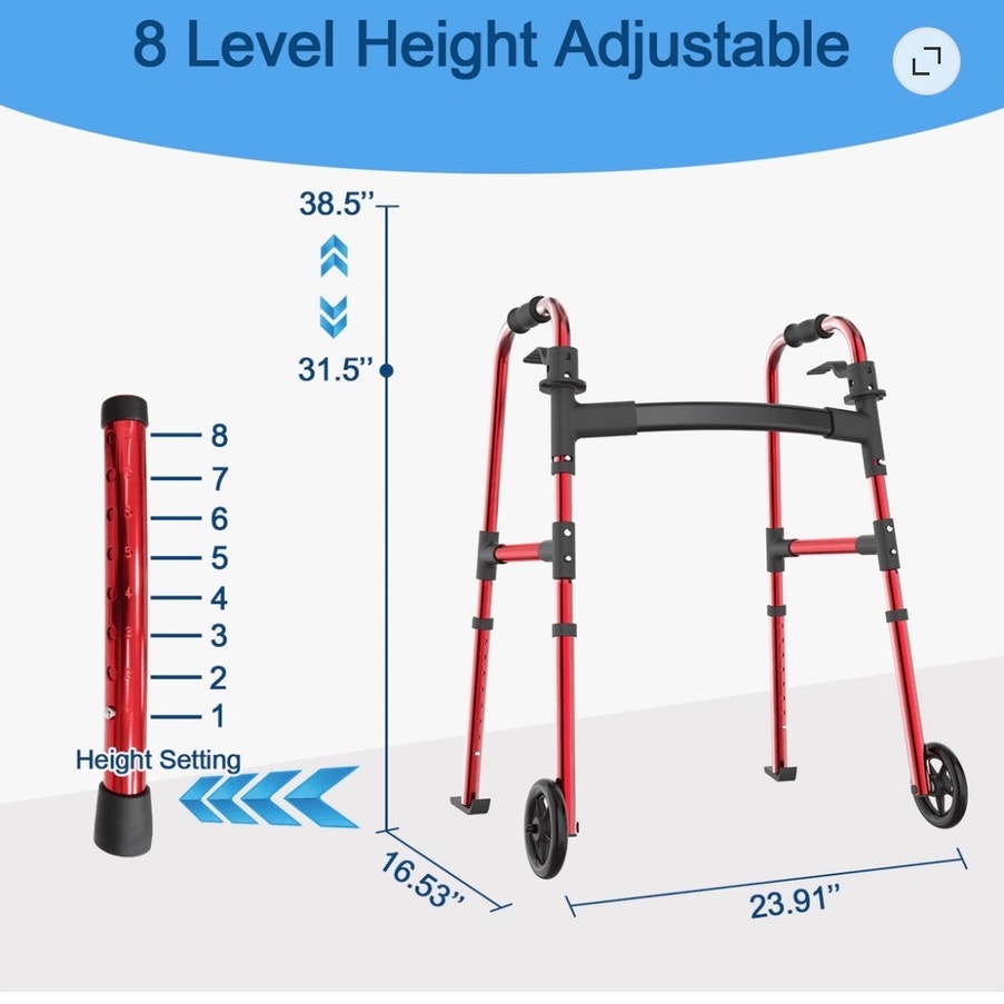 BRAND NEW ~ Red Lightweight Folding Walker for Seniors with Wheels & Skis Glides