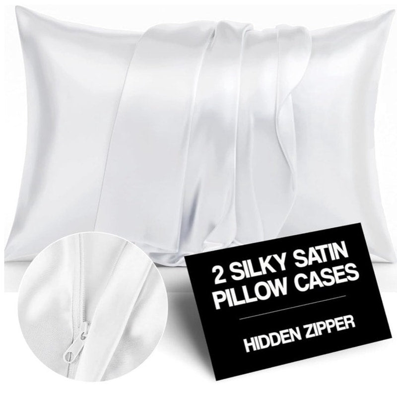 BRAND NEW ~ Set/2 QUEEN Size White Satin Pillowcases with Zipper ~ Soft & Cool