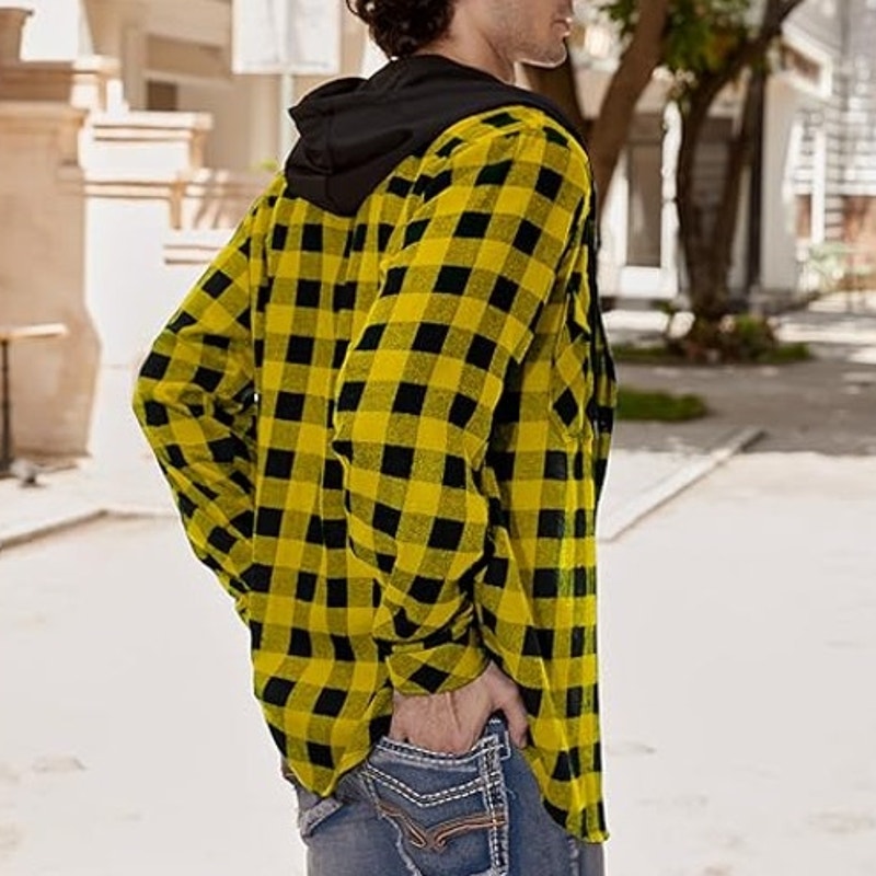 NWT ~ Men's Yellow & Black Cotton Flannel Long Sleeve Hoodie Button Shirt ~ 2XL