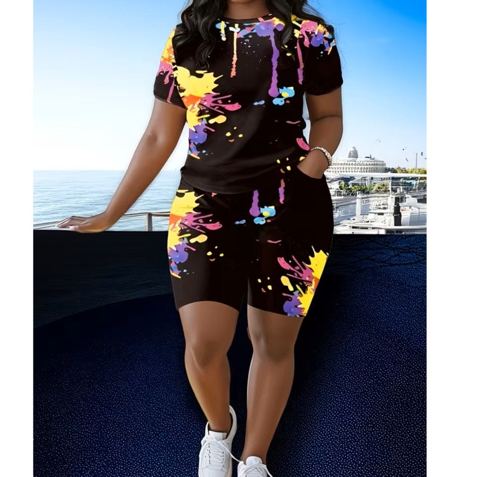 BRAND NEW ~ Women's 2pc Paint Splotch Black Top & Matching Pockets Shorts ~LARGE