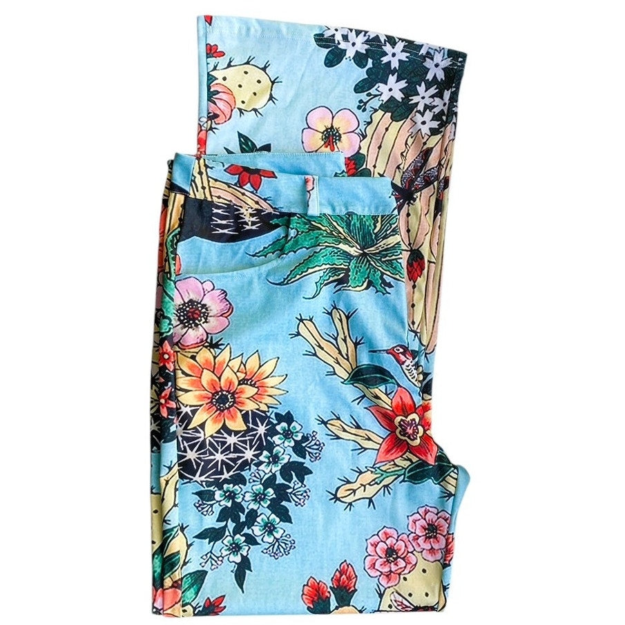 NWT ~ Blue Vintage Look Groovy 70's Polyester Floral Birds Flare Leg Pants ~ L