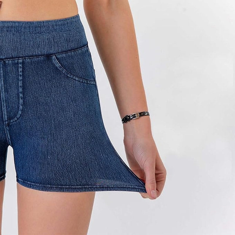 NWT ~ Women's Spandex Denim Blue Jean Look Activewear Shorts ~ Size LARGE