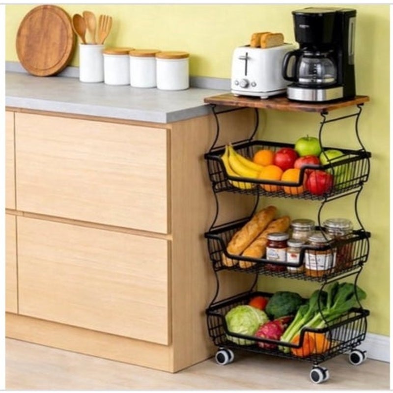 BRAND NEW 4-Tier Black Metal Rolling Pantry Cart & Wheels & Top Shelf & Baskets