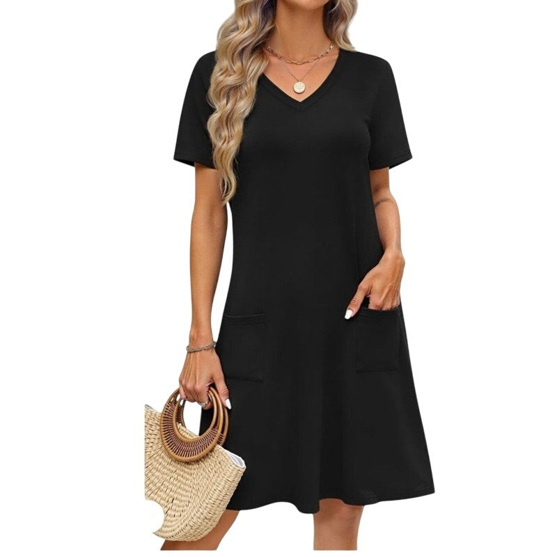 NWT ~ Black Short Sleeve, V-Neck Casual Summer T-Shirt Beach Dress & Pockets ~ M