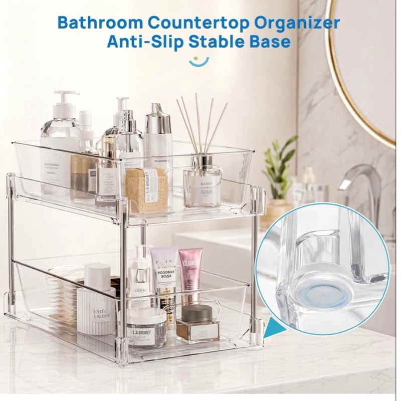 BRAND NEW ~ Set/3 Bathroom Plastic 2-Tier Clear Under The Sink Storage Organizer