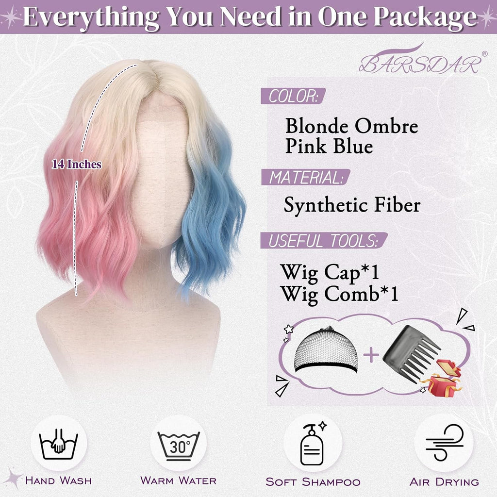 BRAND NEW ~ 14 Inch Blonde Ombre Pink Blue Short Wavy Wig ~ Cosplay Halloween