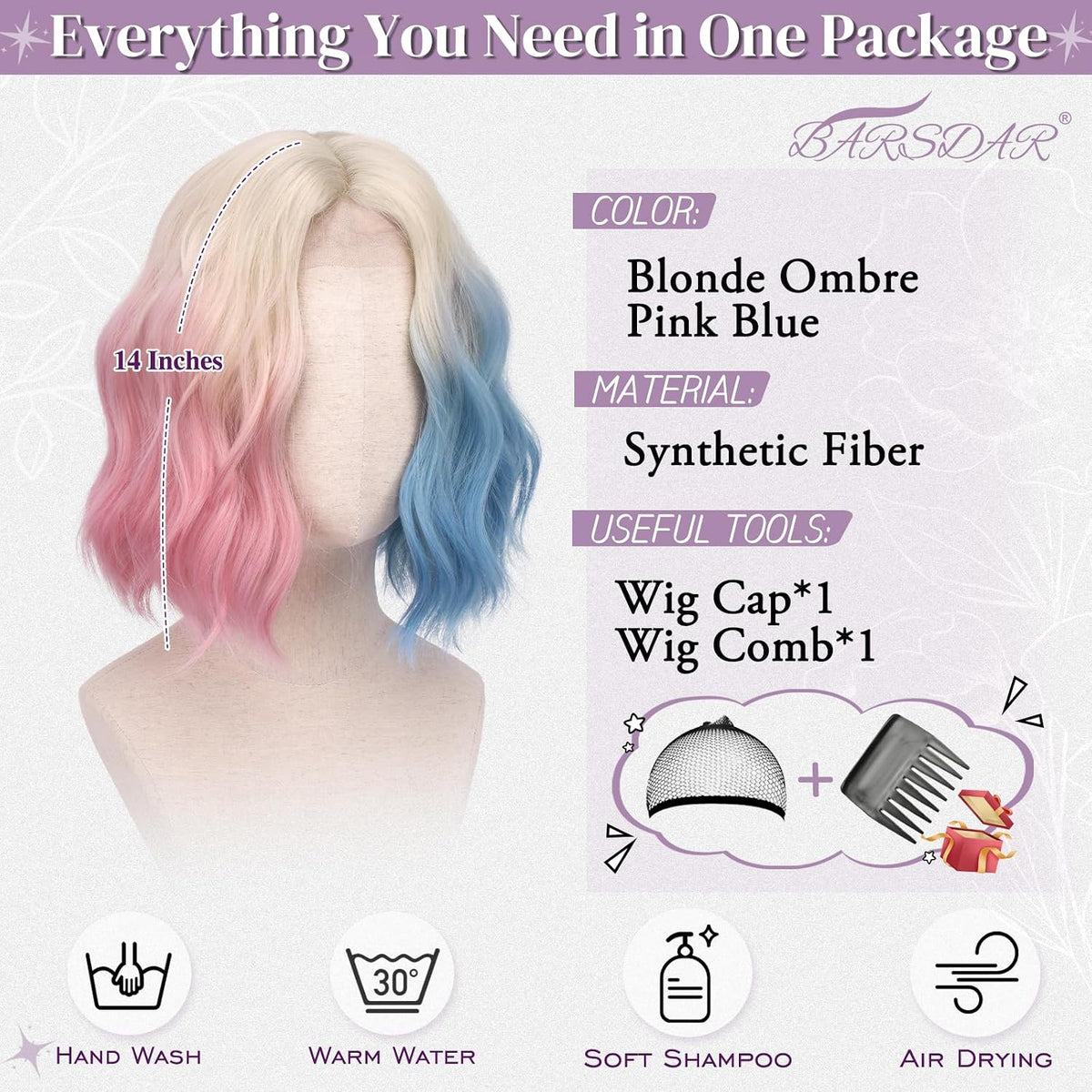 BRAND NEW ~ 14 Inch Blonde Ombre Pink Blue Short Wavy Wig ~ Cosplay Halloween