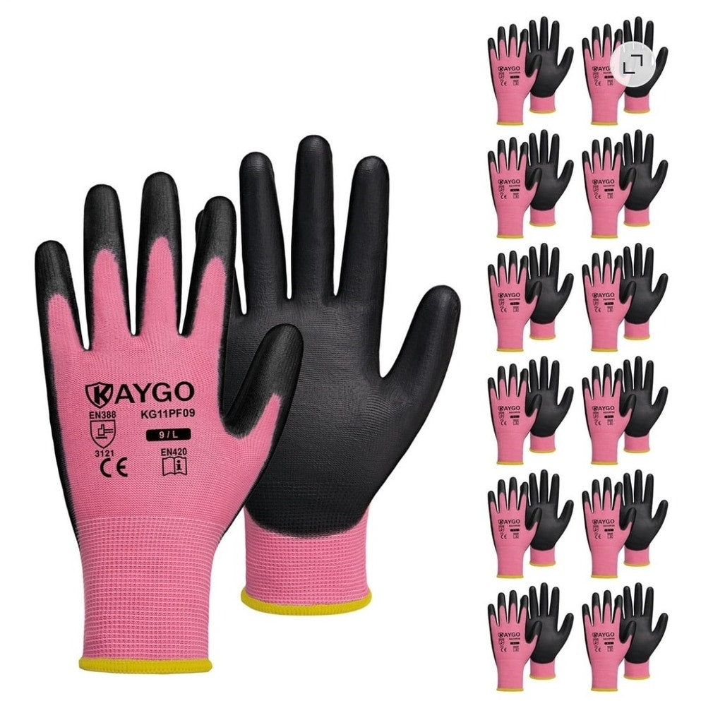 BRAND NEW ~ 12 Pairs Pink & Black PU Coated Seamless Knit Safety Work Gloves